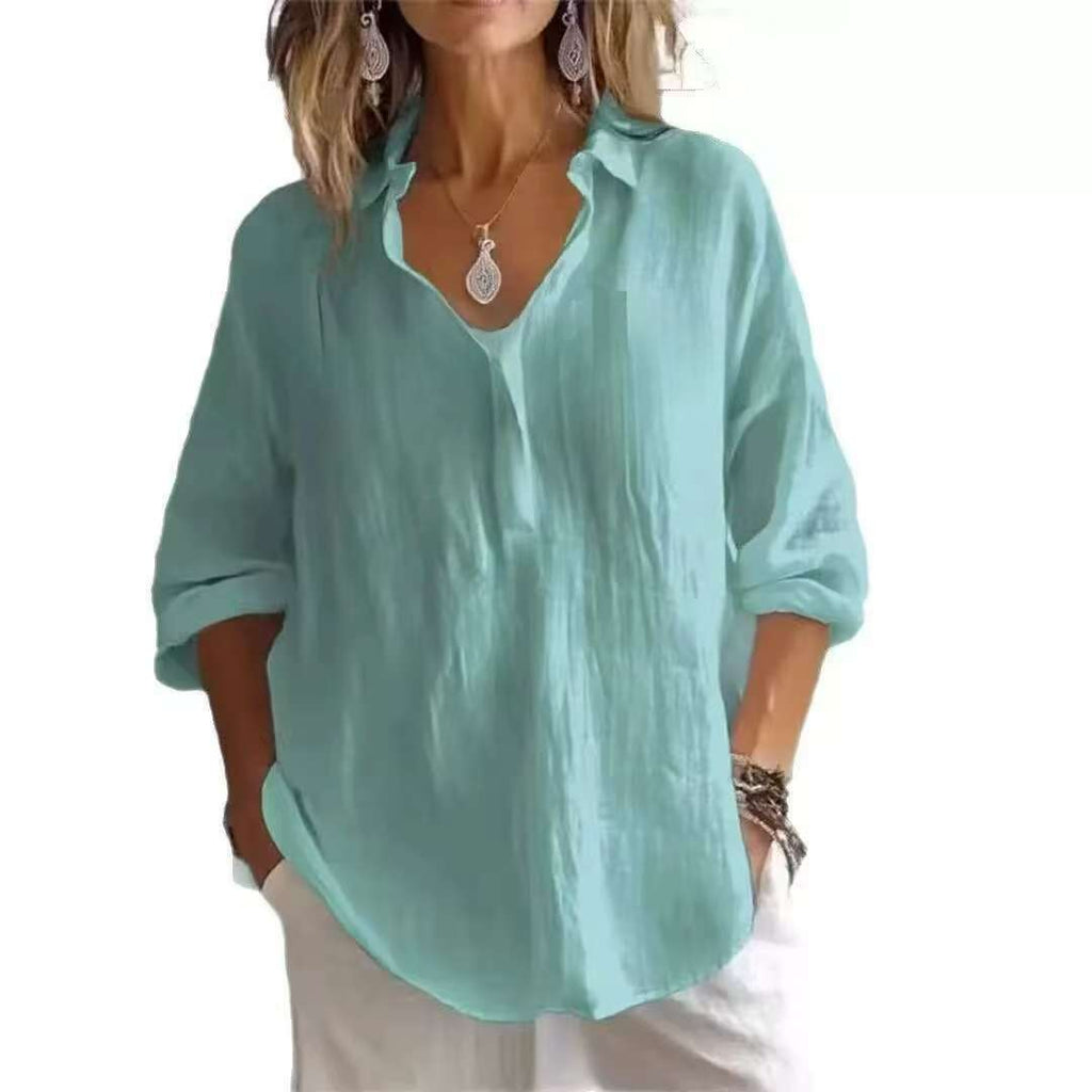 Casual Loose Plus Size V-Neck Long Sleeve Solid Color Shirt for Women