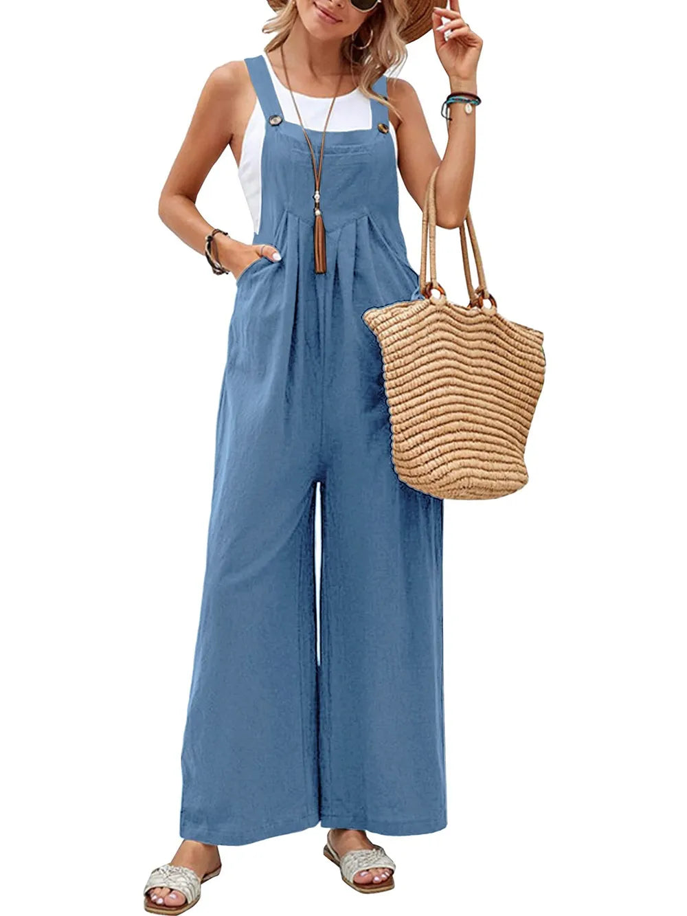 Women's Square-Neck Wide-Strap Overalls