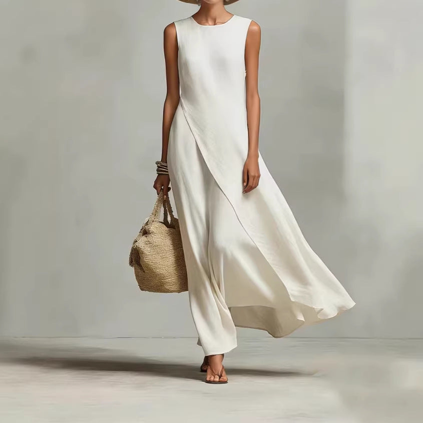 Women's Asymmetrical Hem Sleeveless Linen Dress