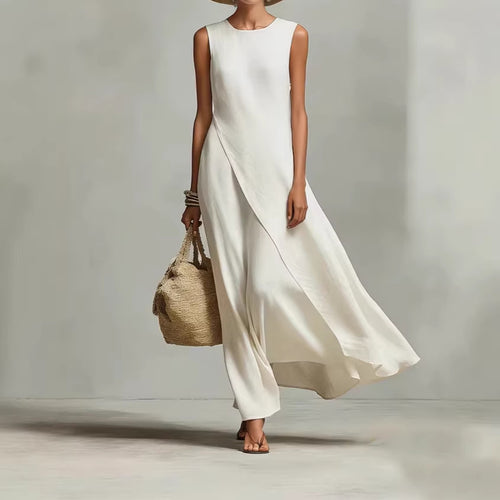 Women's Asymmetrical Hem Sleeveless Linen Dress
