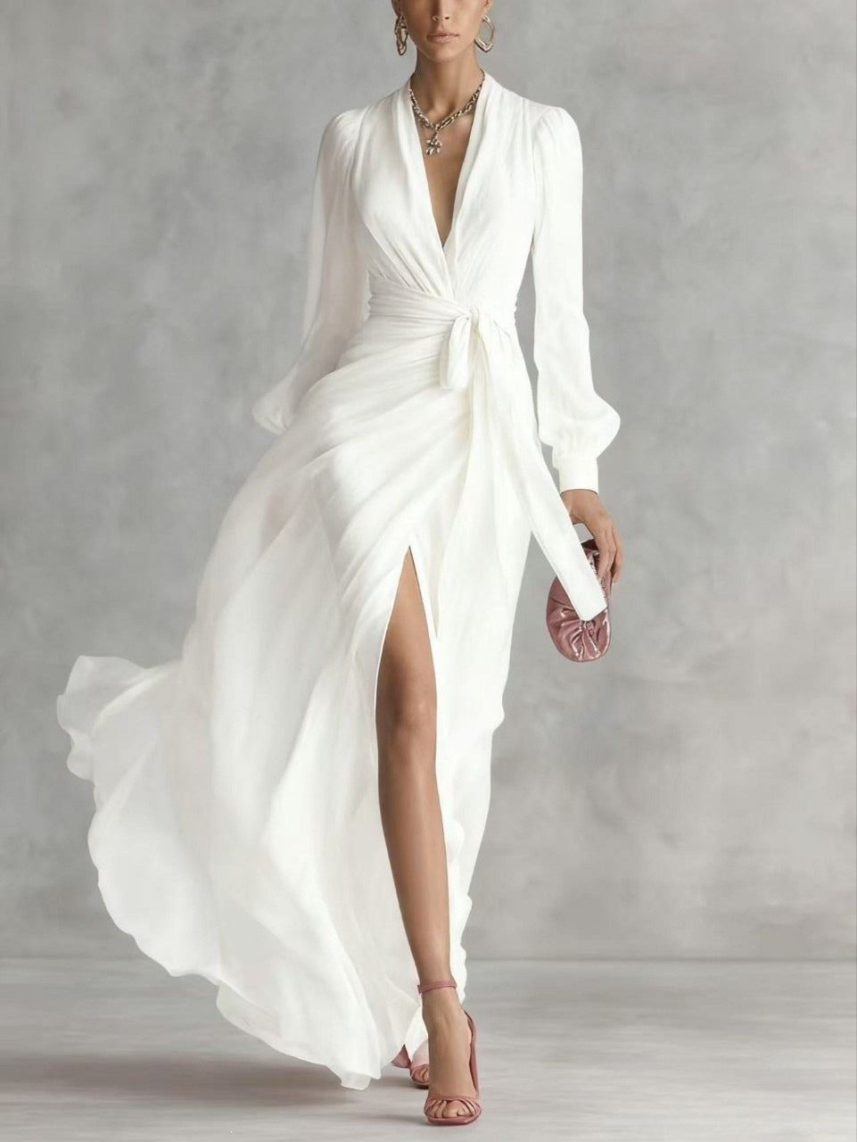 Women's Chiffon V-Neck Long Sleeve Dress