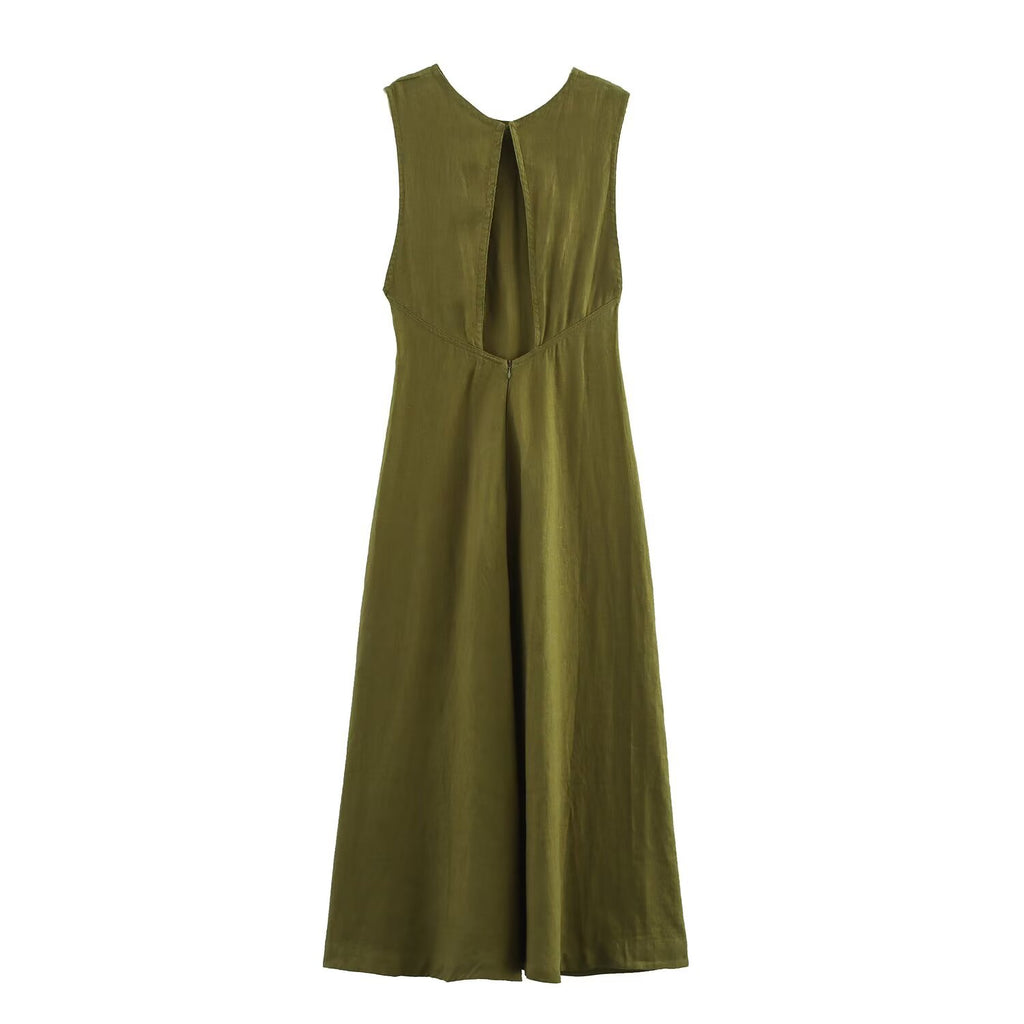 Women's Military Green Linen Midi Dress
