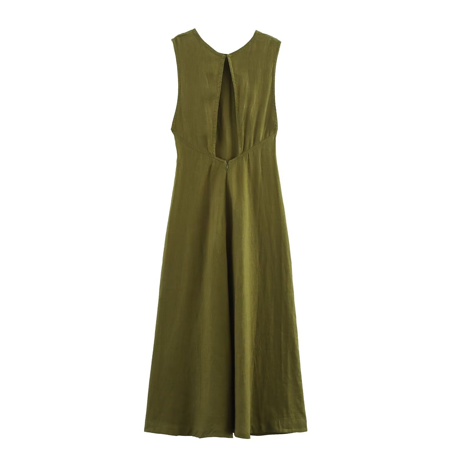 Women's Military Green Linen Midi Dress