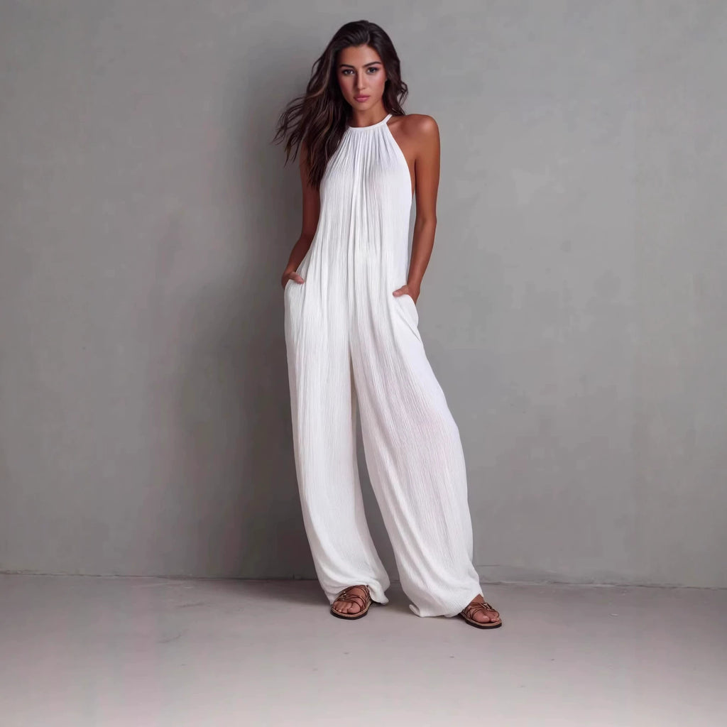 Becimi Women's Pleated Backless Halter Jumpsuit