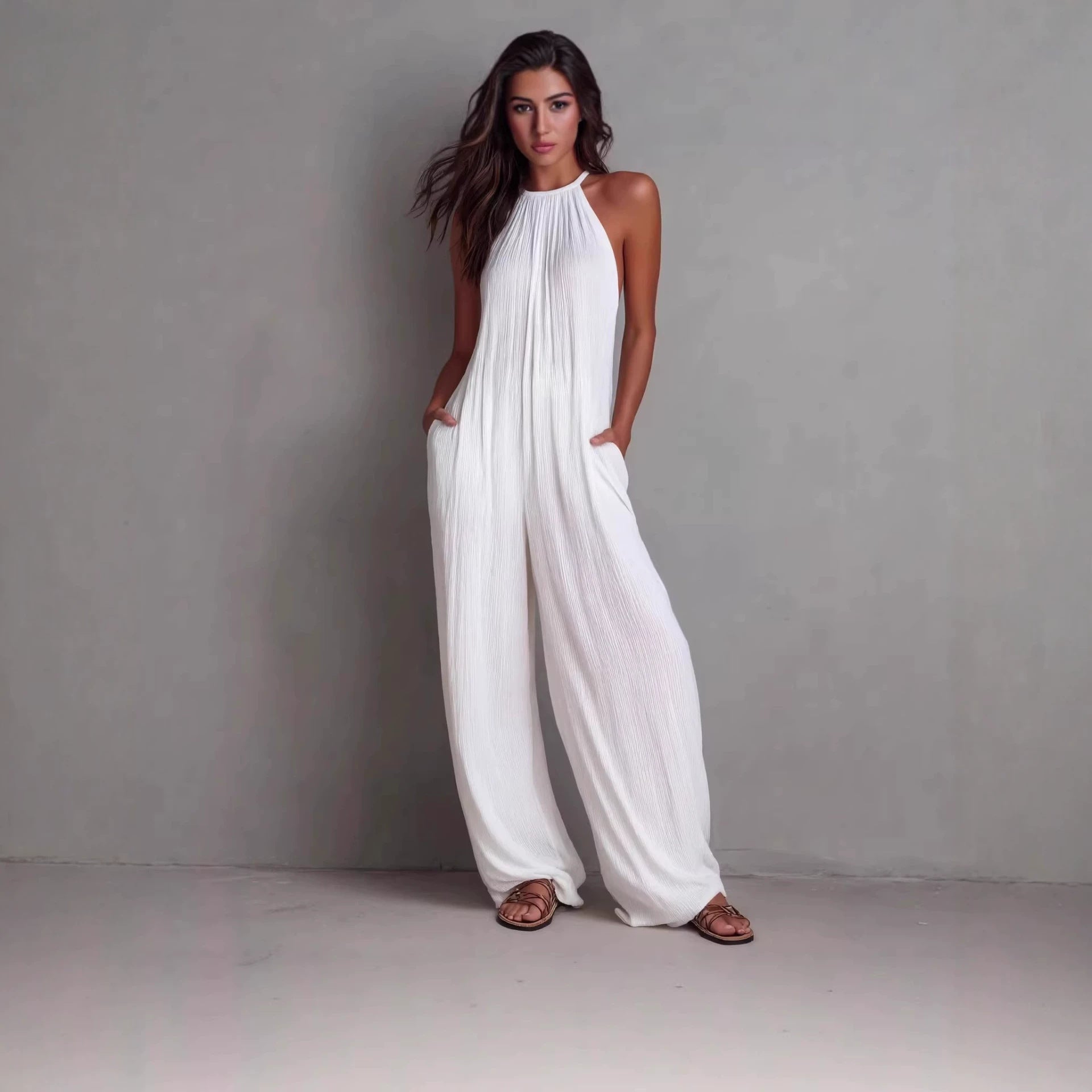 Becimi Women's Pleated Backless Halter Jumpsuit