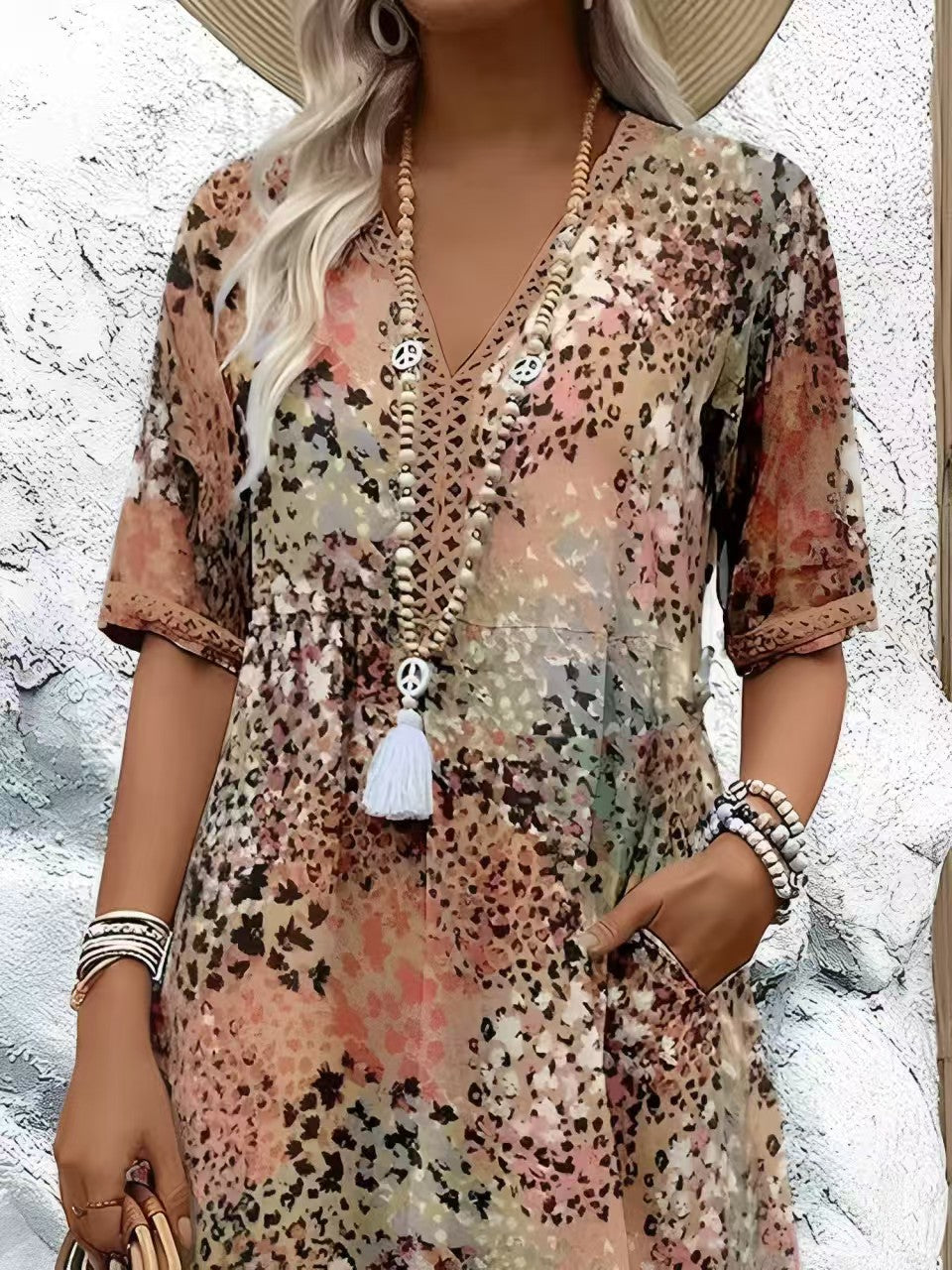Becimi Women's Lace V-Neck Printed Dress