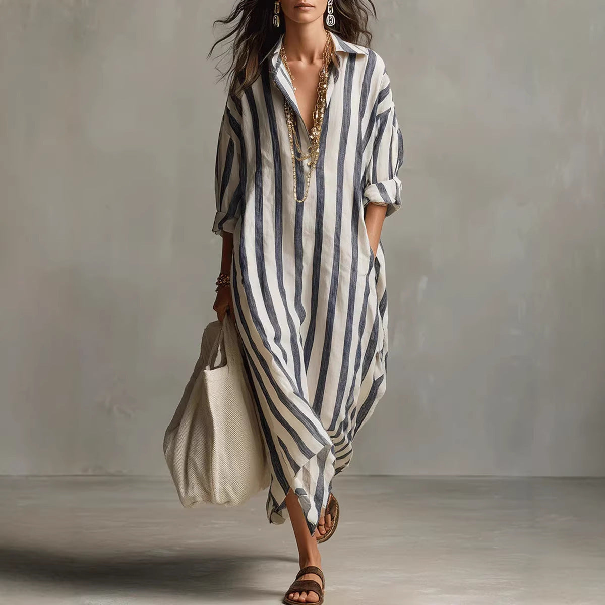 Women's Striped V-Neck Shirt Dress