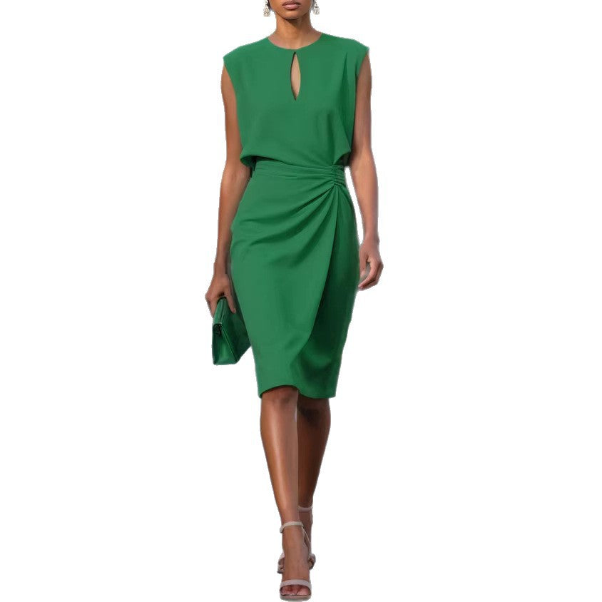 Solid color pleated waist cinched round neck hollow out women's dress