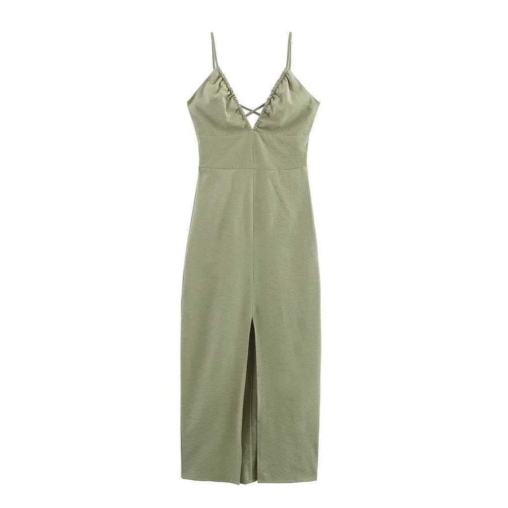 Women's Matcha Green Linen Midi Dress