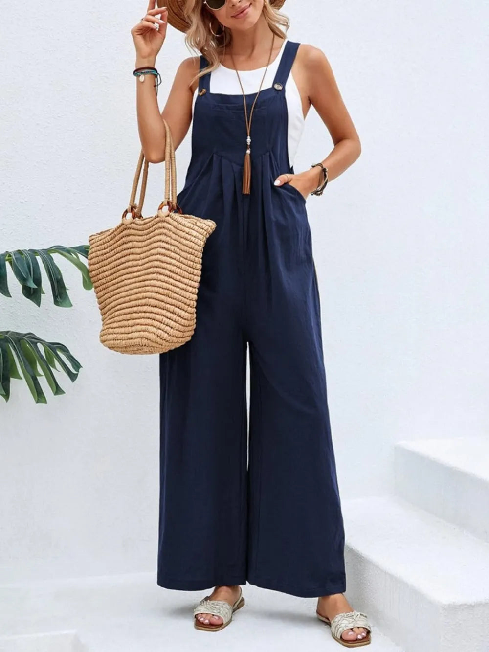 Women's Square-Neck Wide-Strap Overalls