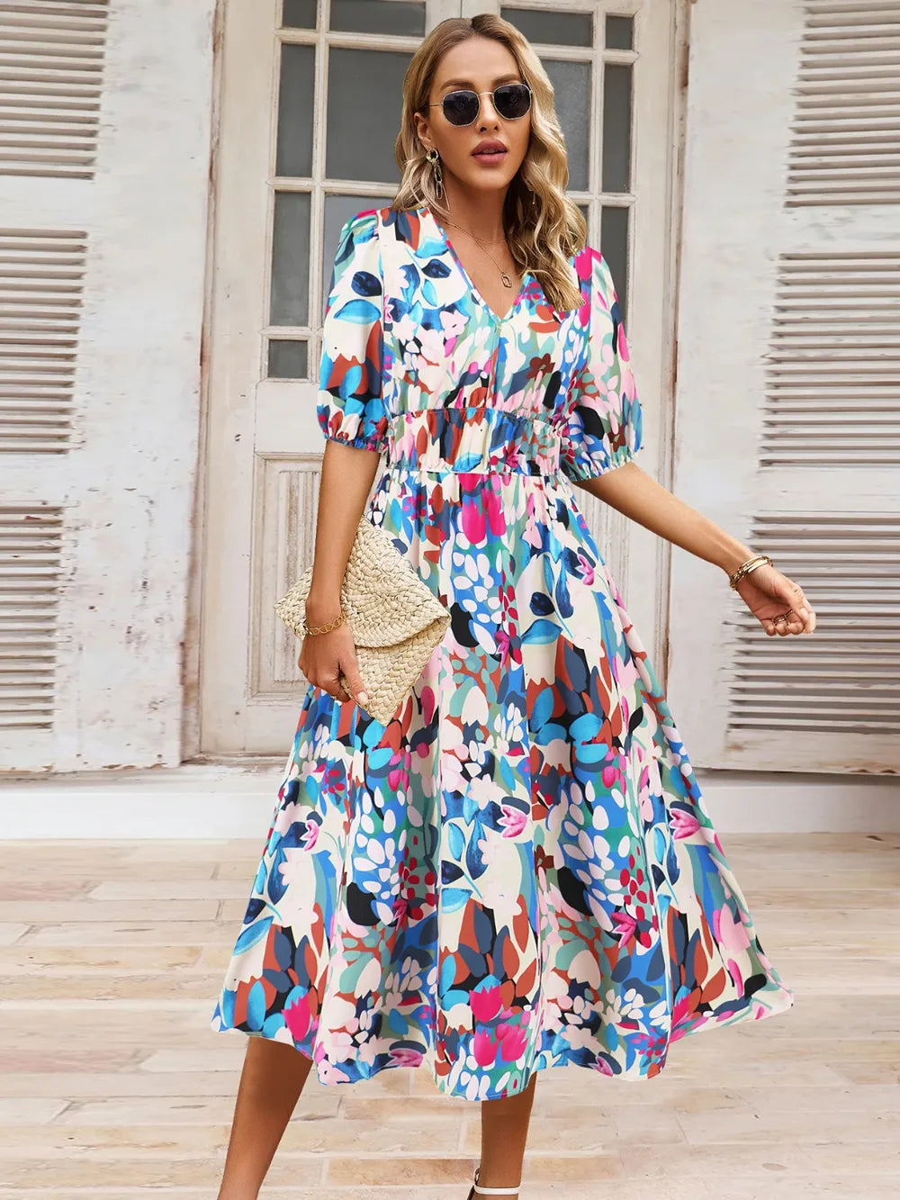 Women's Ruched Print Surplice Midi Dress