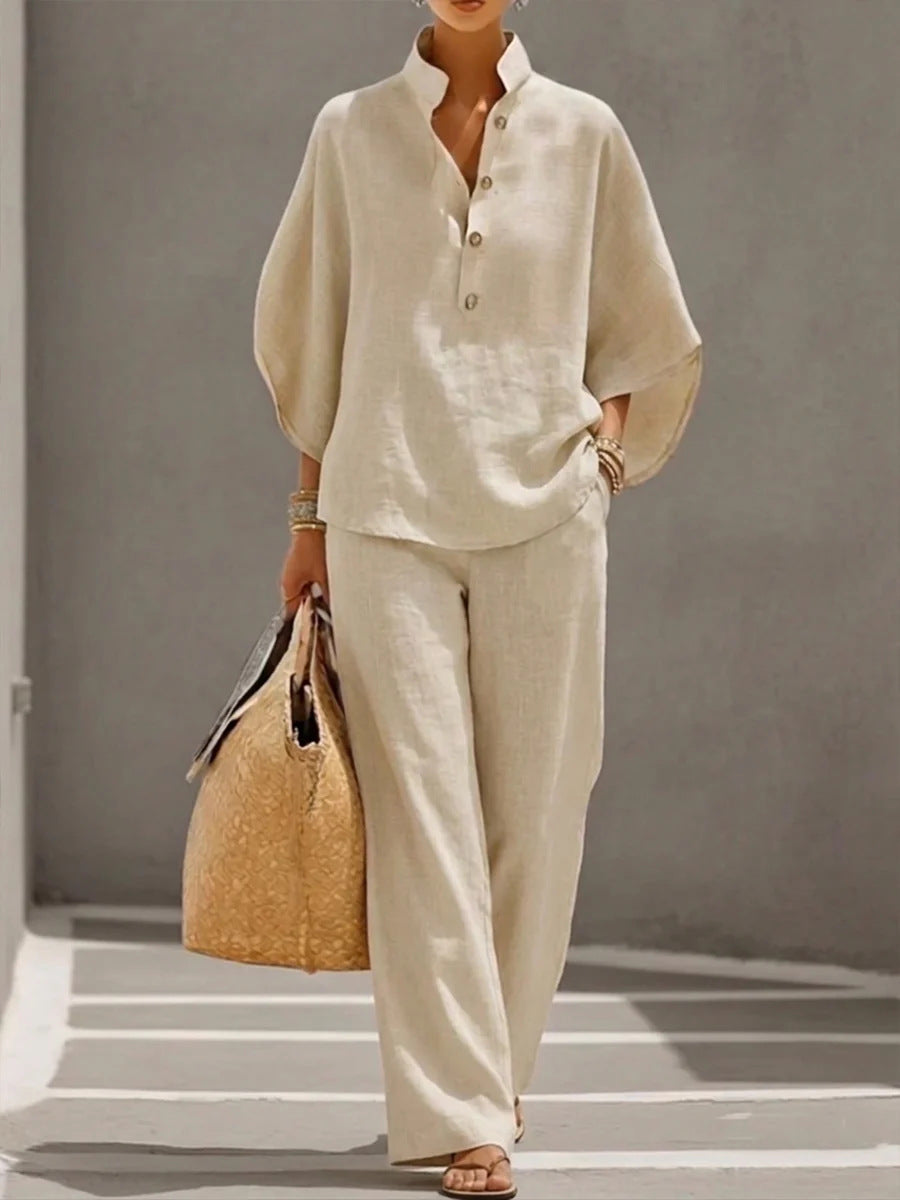 Women's V-Neck Top & Straight-Leg Pants Set