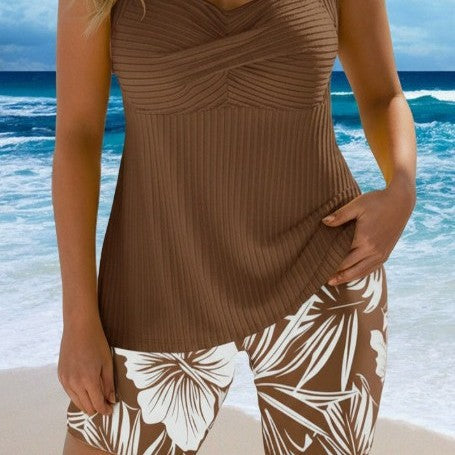 Elegant pit stripe fabric double shoulder skirt swimsuit