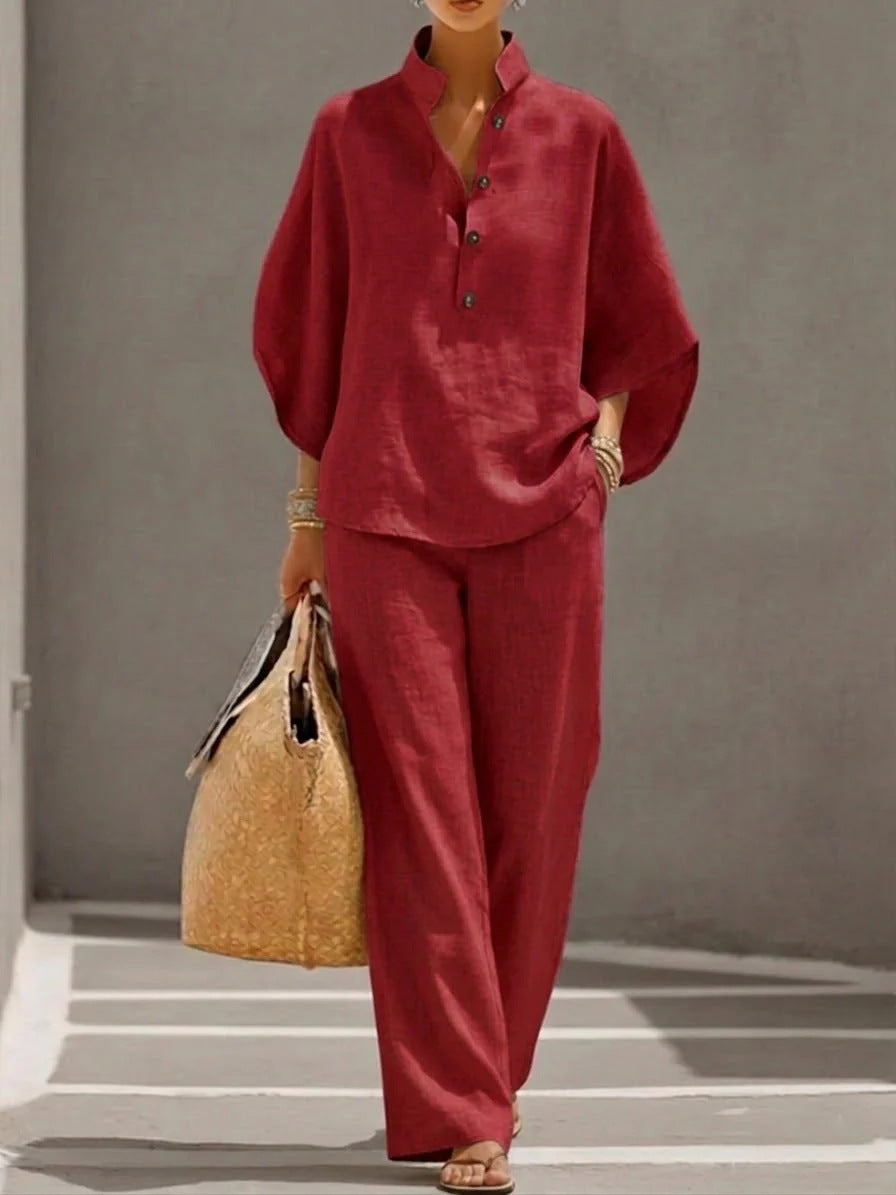 Women's V-Neck Top & Straight-Leg Pants Set
