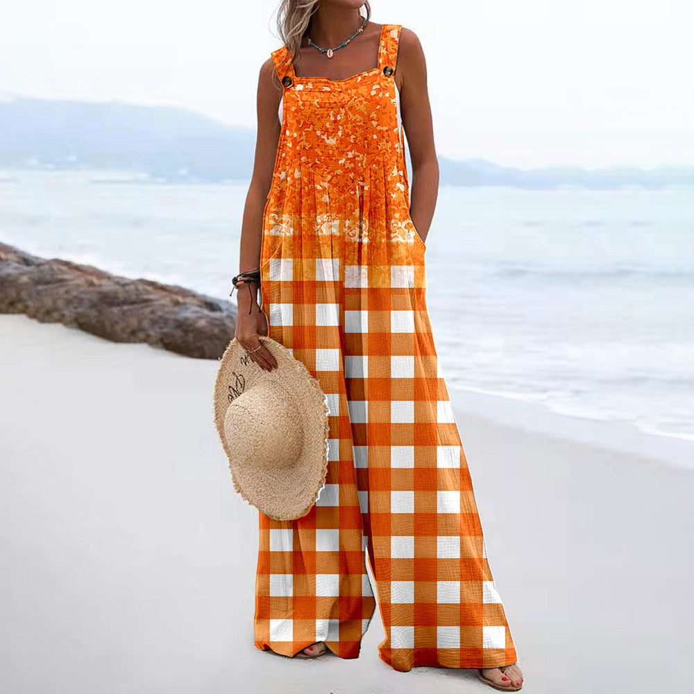 Women's Plaid Floral Backless Jumpsuit