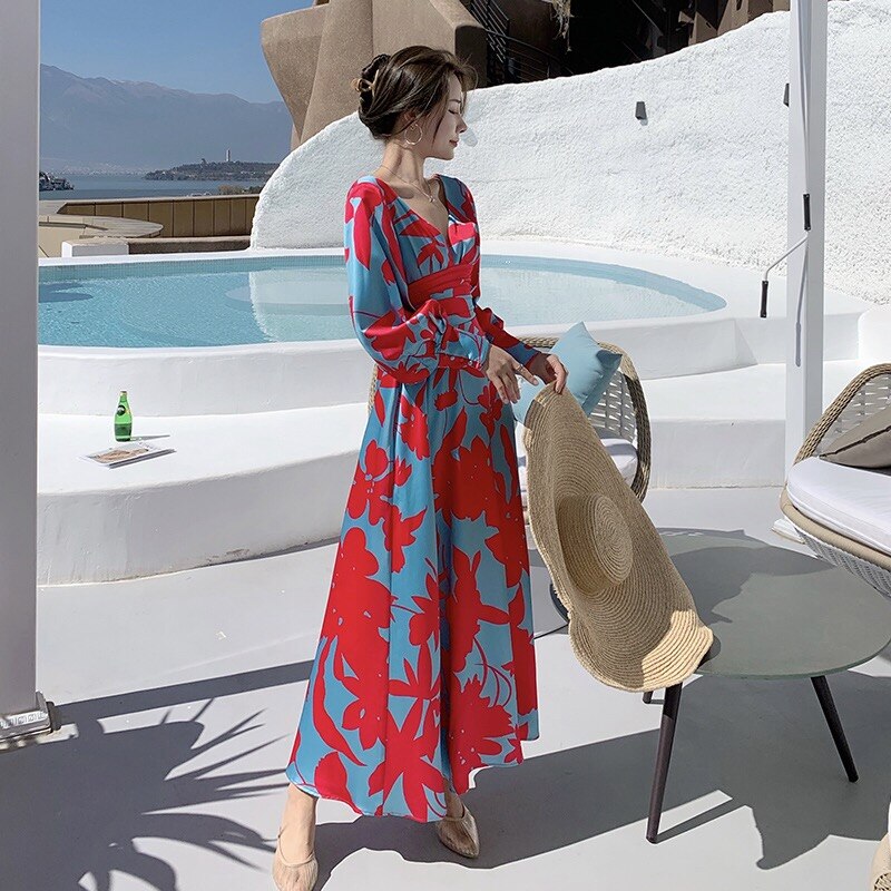 Becimi Women's Backless V-Neck Printed Dress