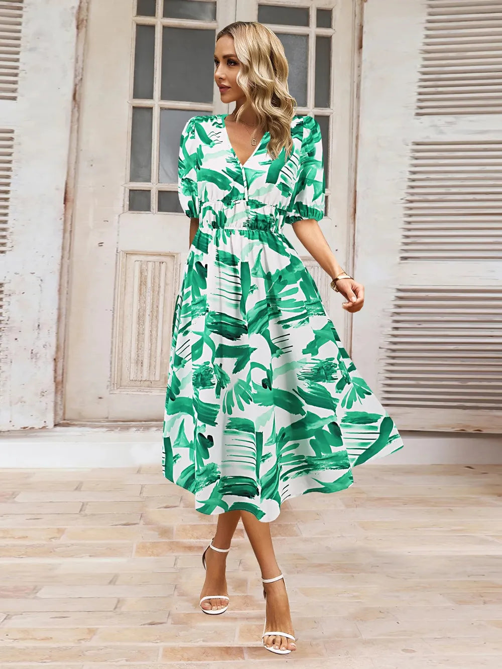 Women's Ruched Print Surplice Midi Dress