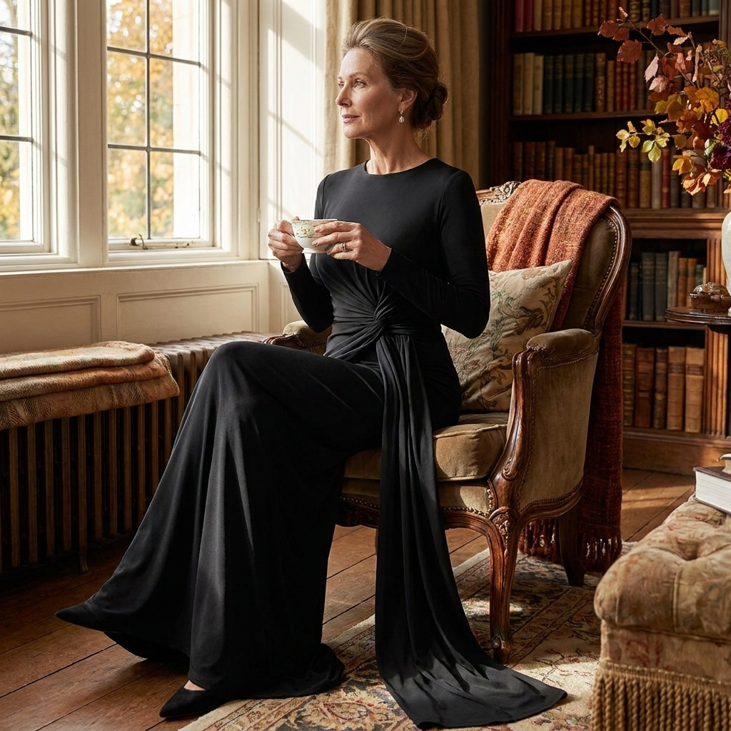 Long-sleeve knot dress, lifestyle editorial