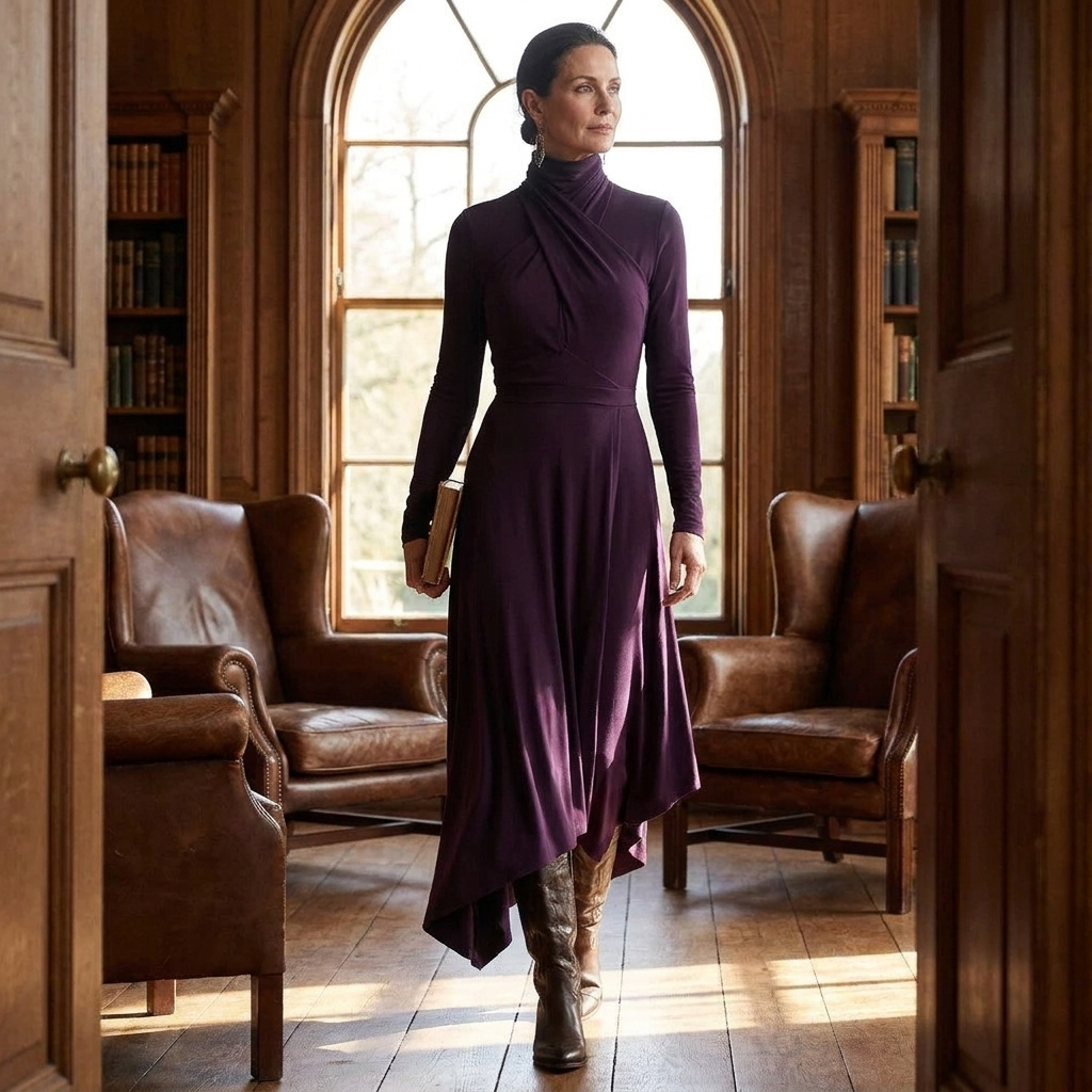 Long-sleeved cross high-neck dress, lifestyle editorial