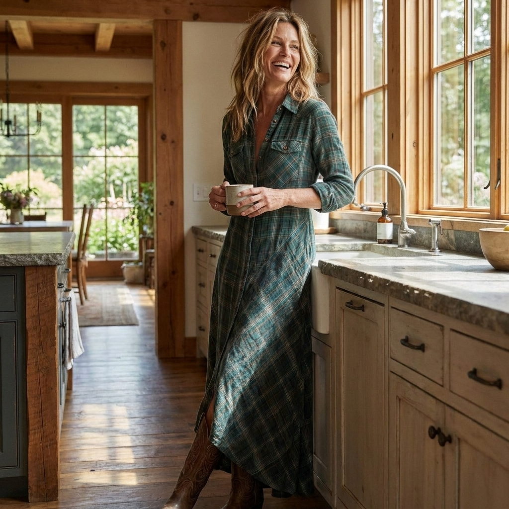 Plaid shirt-collar dress, lifestyle editorial