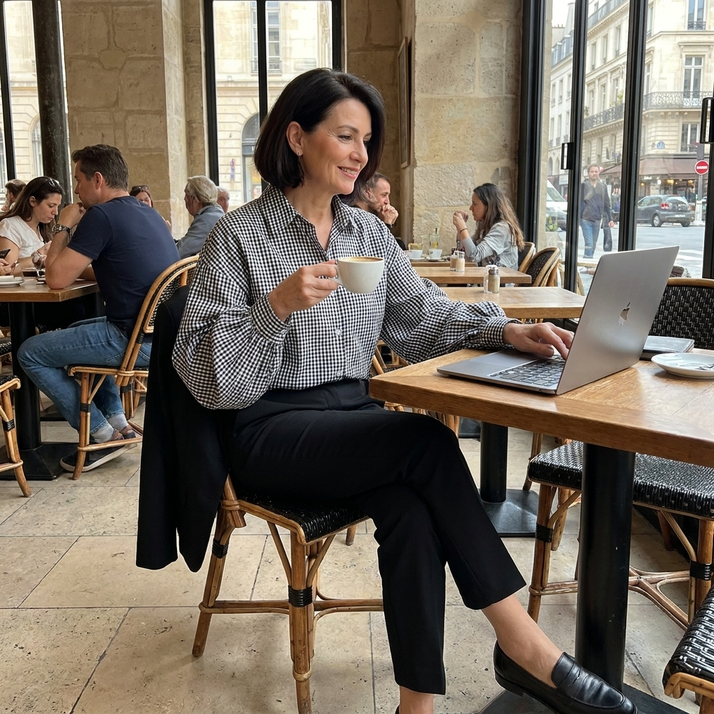 Black lattice puff-sleeve blouse, lifestyle editorial