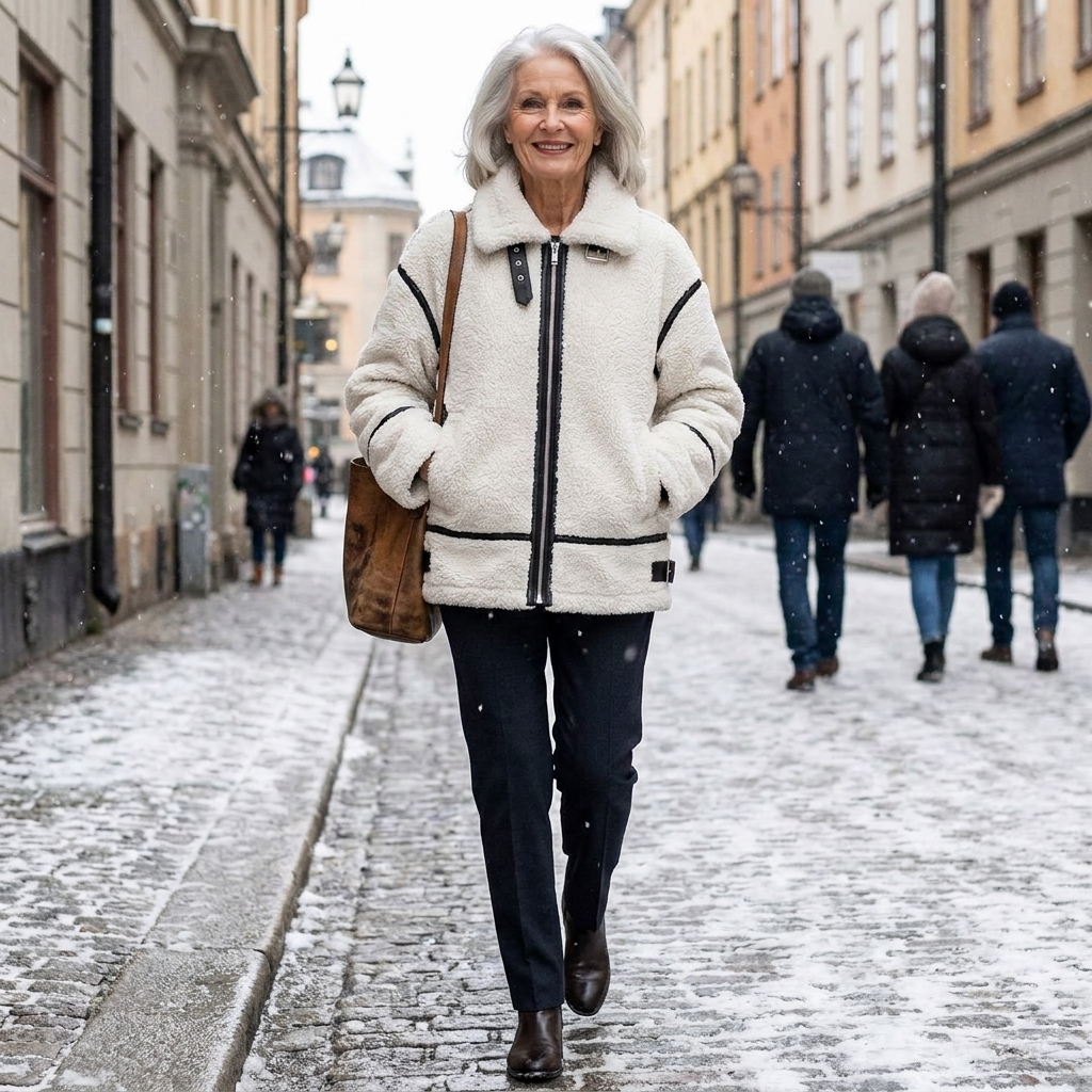 Lapel zipper patchwork winter jacket, lifestyle editorial