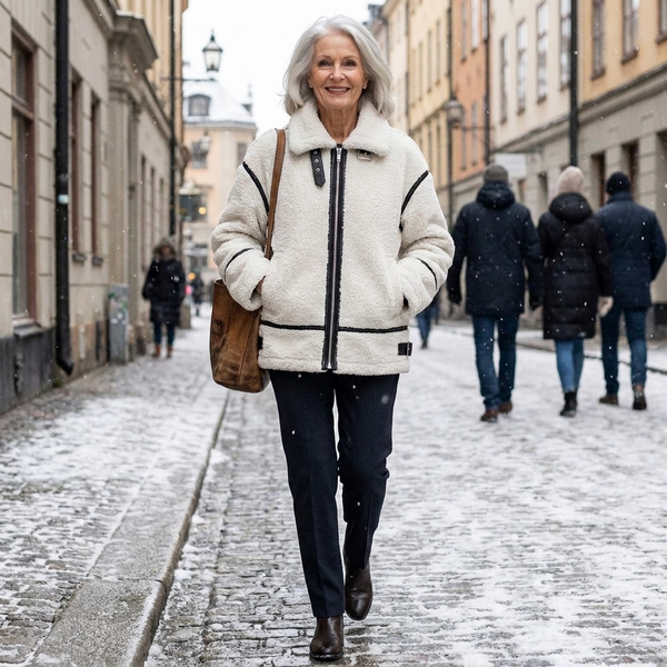 Lapel zipper patchwork winter jacket, lifestyle editorial