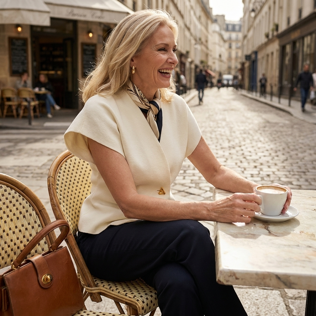 Metal-button V-neck cardigan, lifestyle editorial