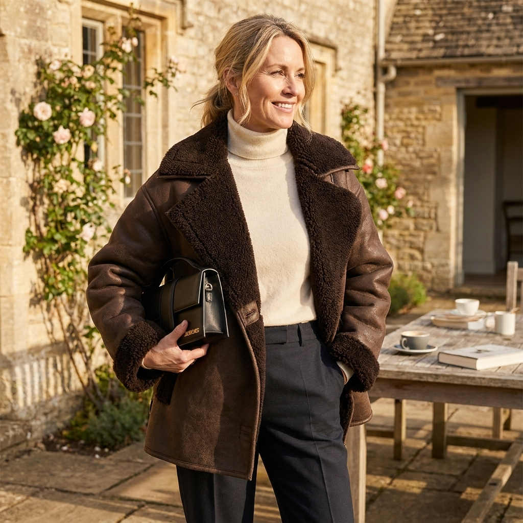 Collared plush jacket, lifestyle editorial