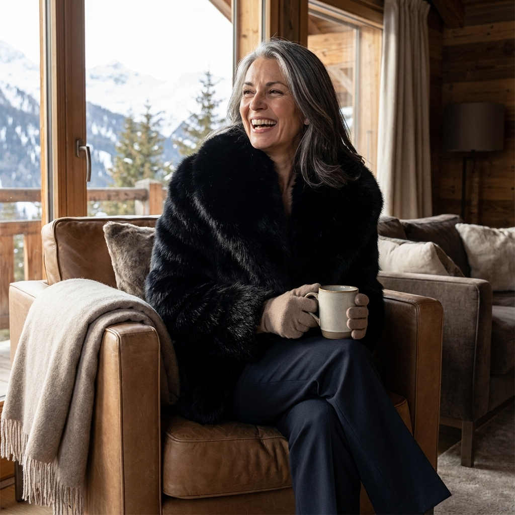 Short faux-fur woolen coat, lifestyle editorial