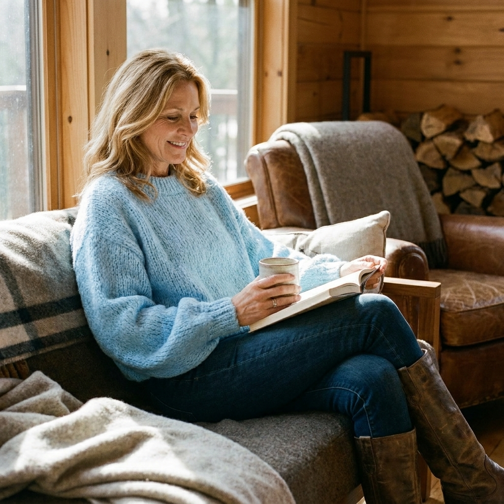 Lantern-sleeve knit pullover, lifestyle editorial