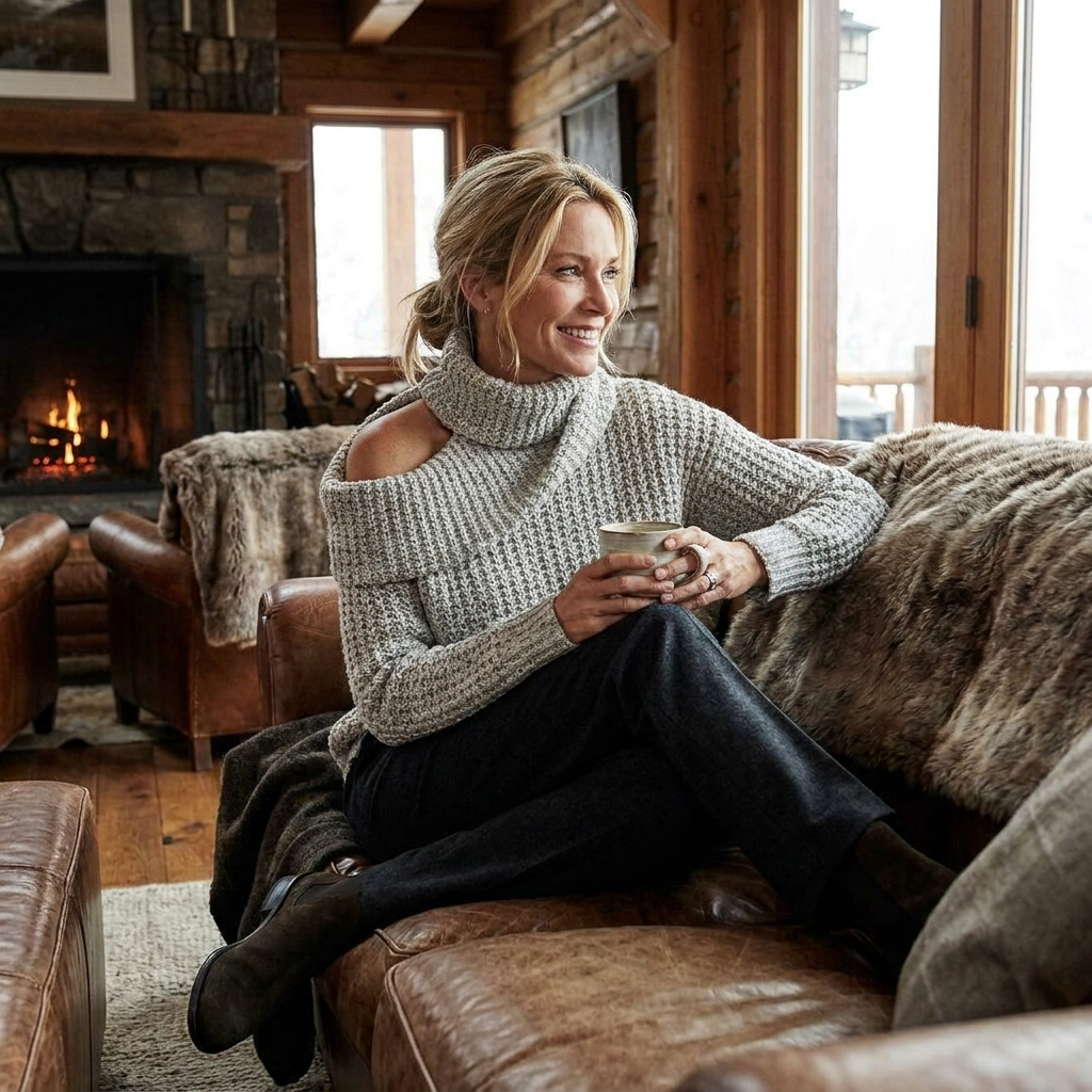 High-neck knit sweater, lifestyle editorial