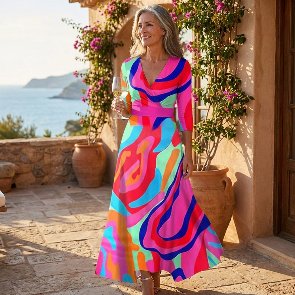 Waist-cinching printed V-neck long-sleeve dress, lifestyle editorial