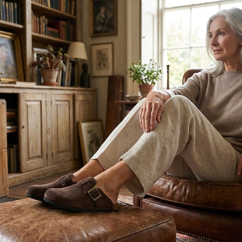 Round-toe suede buckle slip-ons, lifestyle editorial