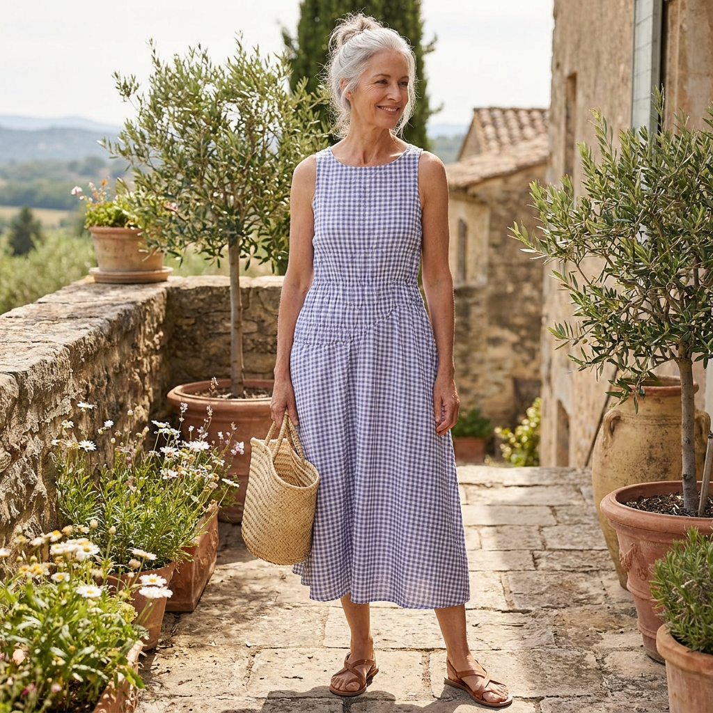 Minimalist small-grid midi dress, lifestyle editorial