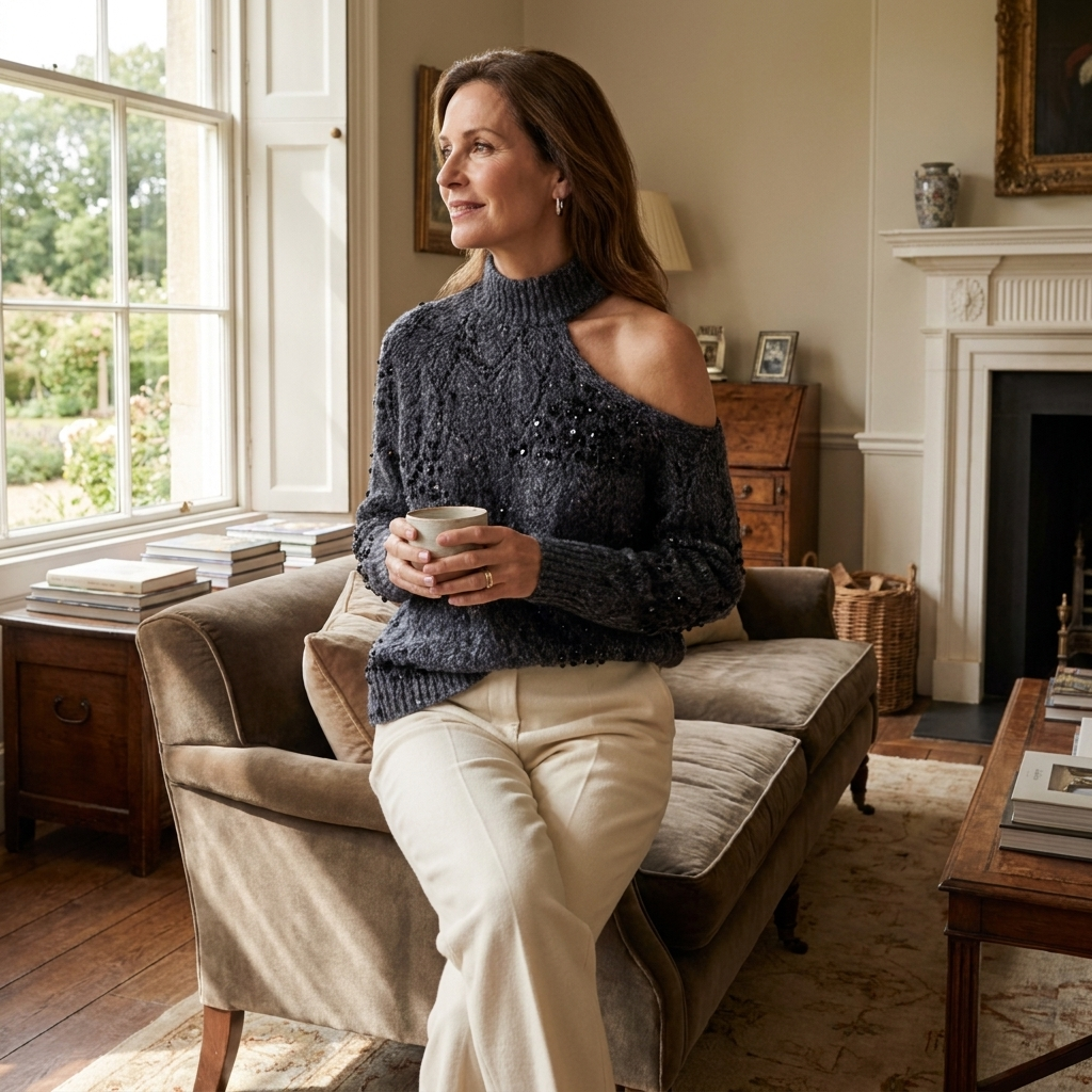 Beaded shoulder-opening knit sweater