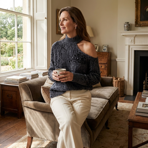 Beaded shoulder-opening knit sweater