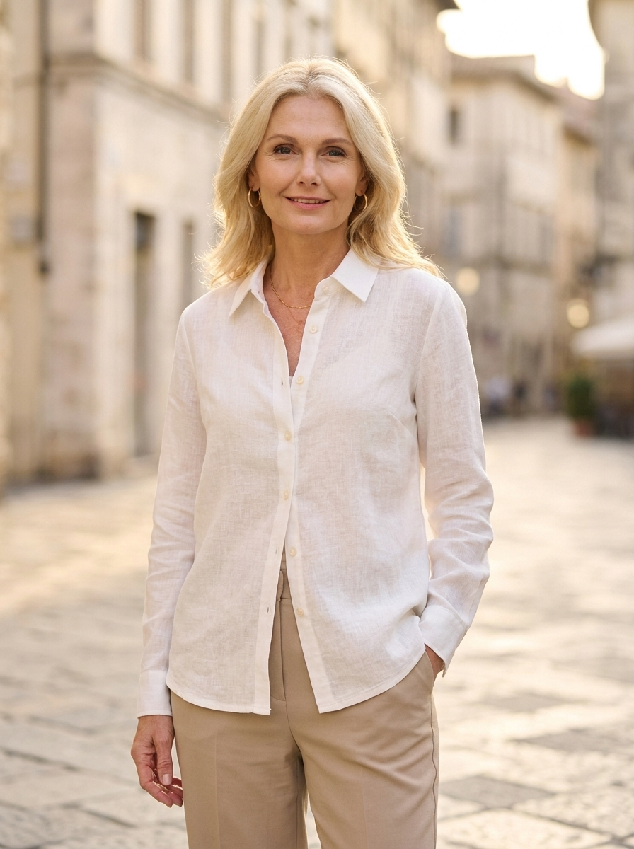 Woman wearing the white loose linen button-front blouse on a sunlit European street