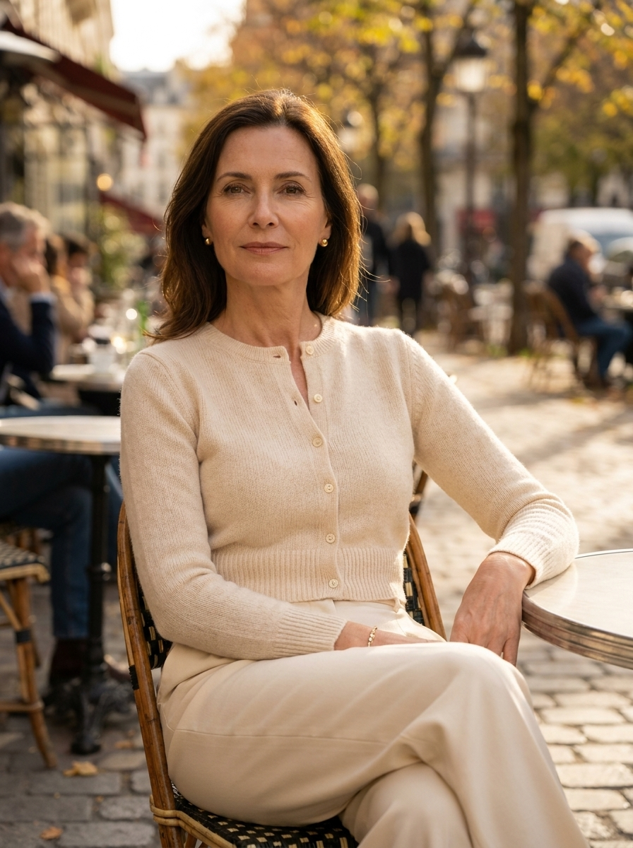 Woman wearing the cropped oatmeal knit cardigan on a sunlit European cafe terrace
