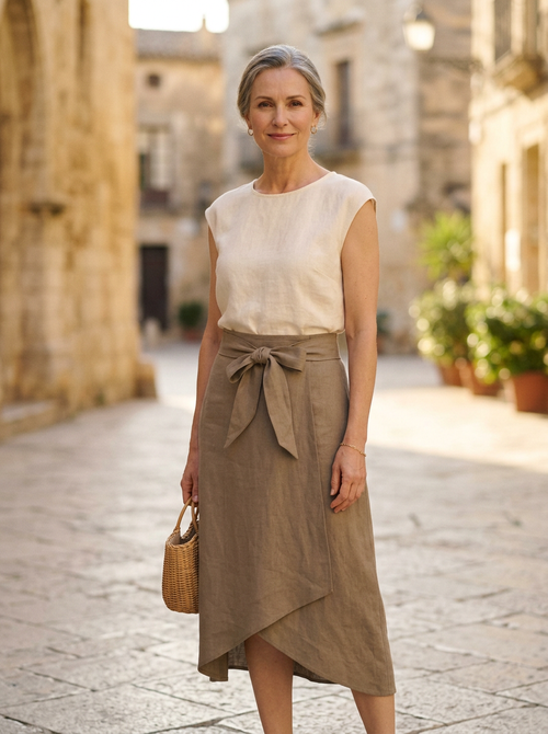 Woman wearing the khaki irregular-hem linen skirt in a sunlit European old-town square