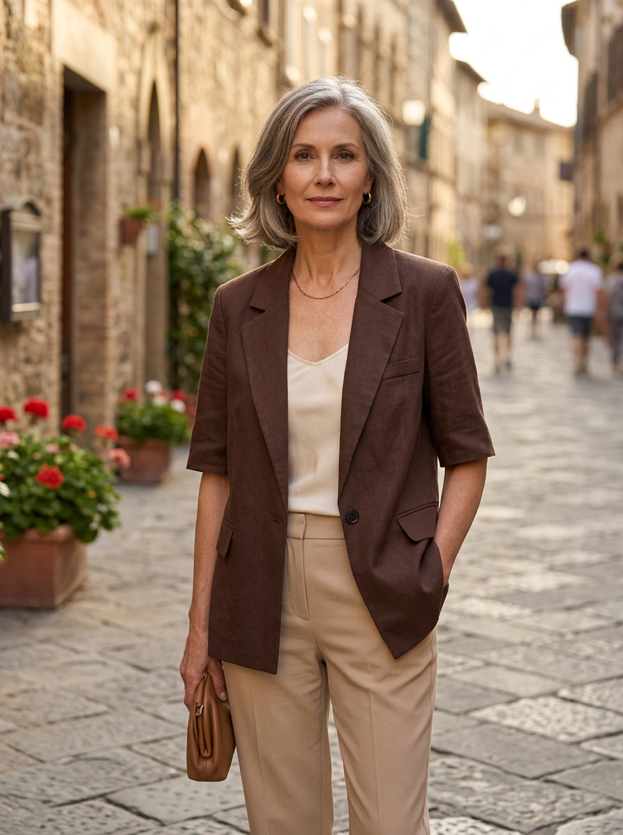 Woman wearing a brown linen-blend blazer on a sunlit European street