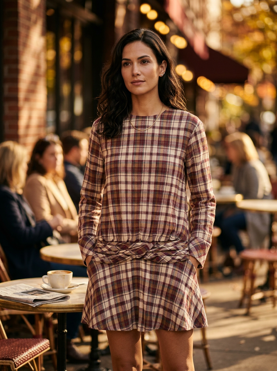 Woman wearing a retro plaid cotton-linen mini dress at a cafe terrace