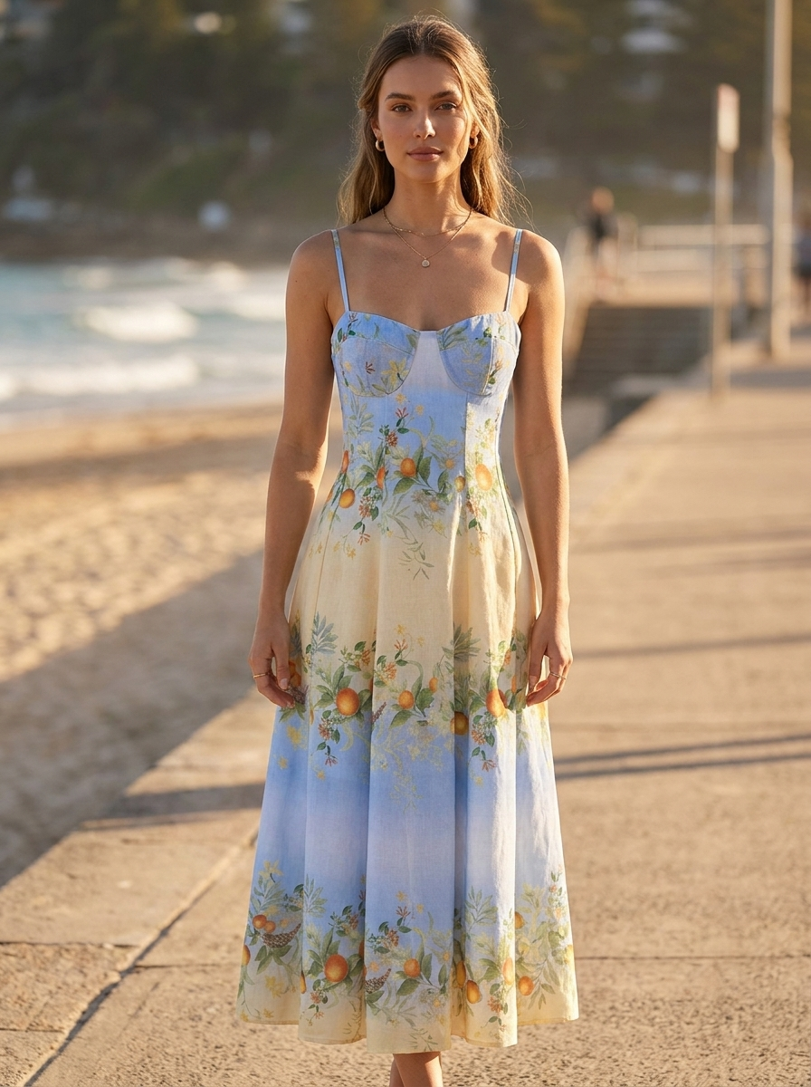 Woman wearing a bohemian print linen maxi dress on a seaside promenade