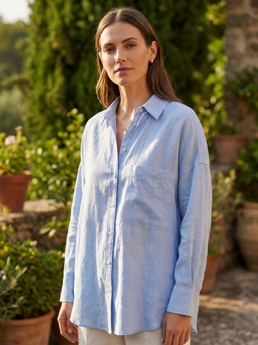 Woman wearing a patch-pocket linen shirt in a sunlit garden