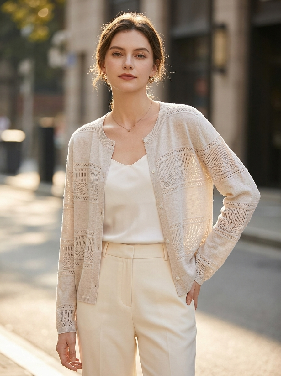 Woman wearing an open-knit mesh linen-blend cardigan on a city street