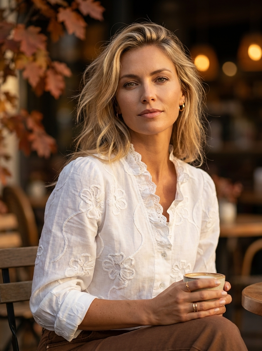 Woman wearing a lace-trim printed cotton-linen shirt at a cafe terrace