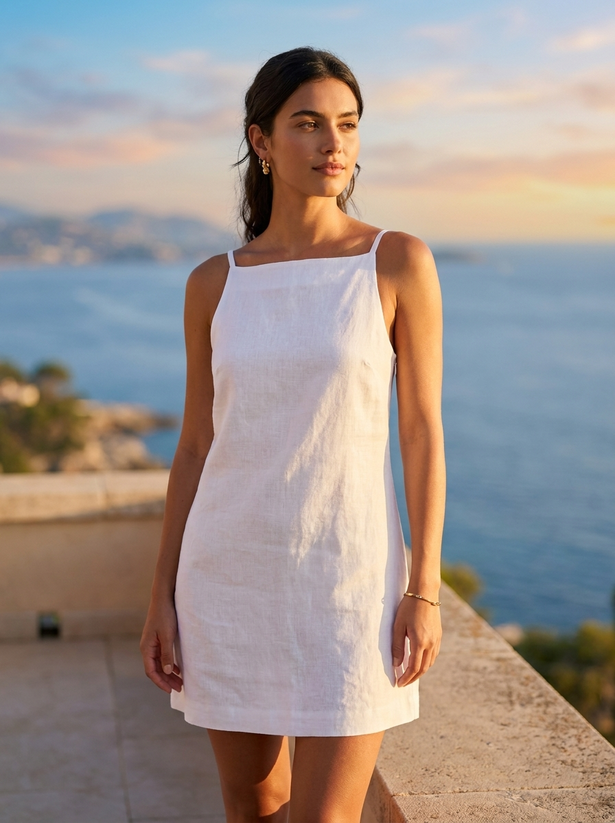 Woman wearing a square-neck sleeveless linen dress on a coastal terrace