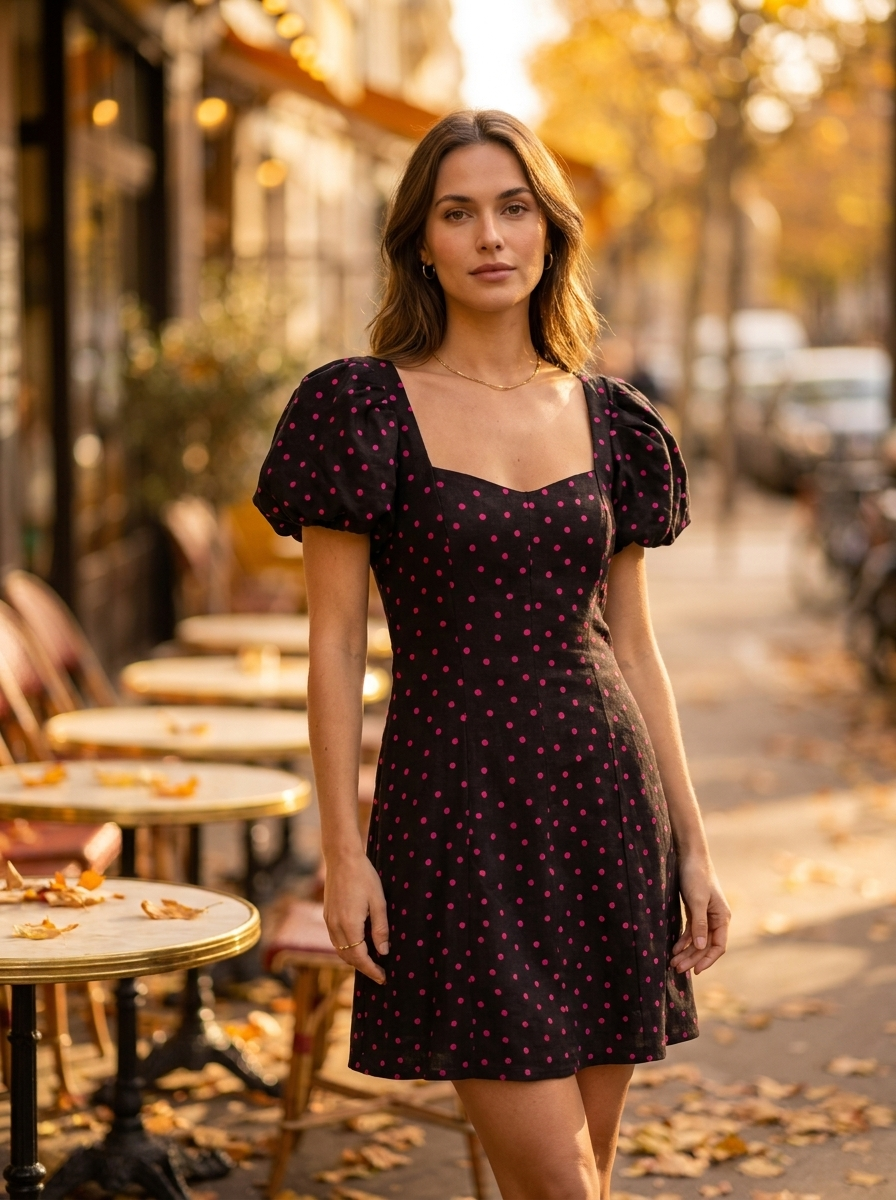 Woman wearing a dotted bubble-sleeve linen dress at a cafe terrace