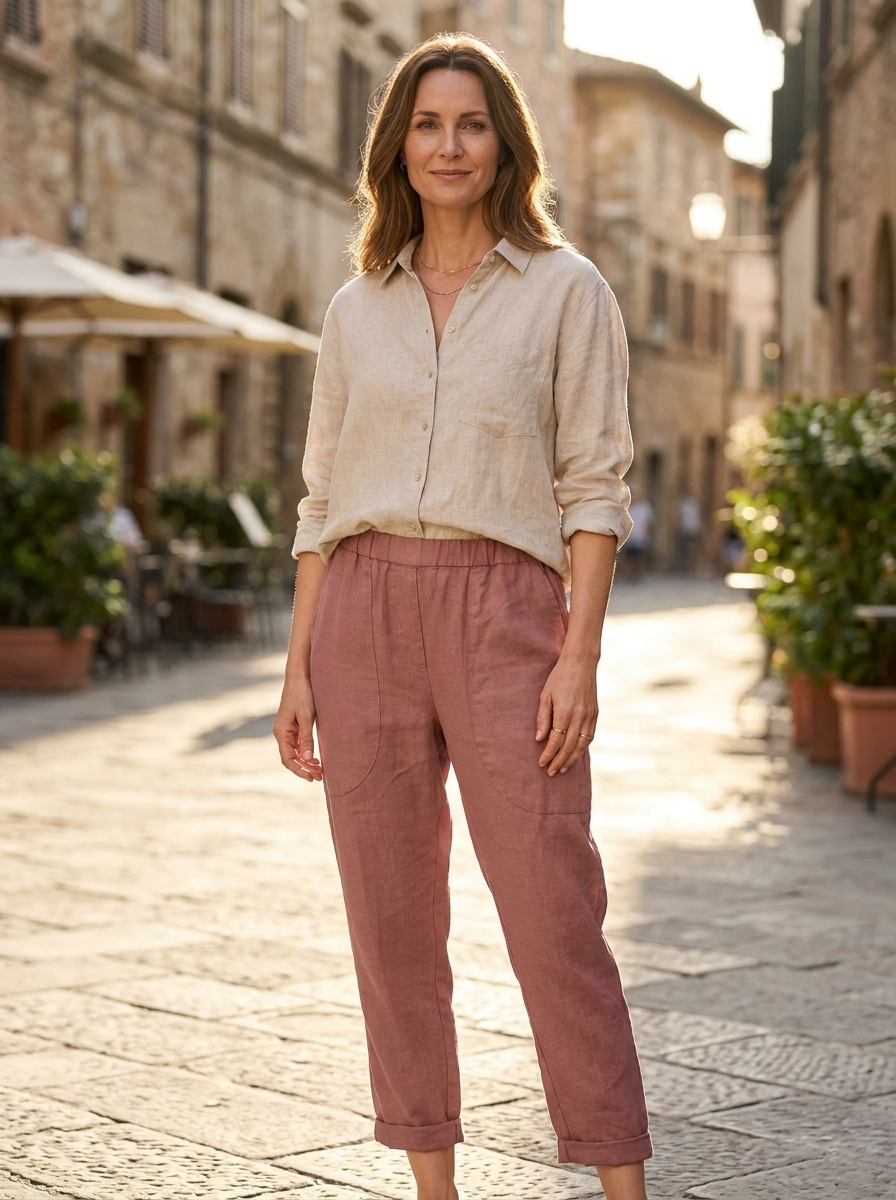 Woman wearing cropped straight-leg linen pants on a European street