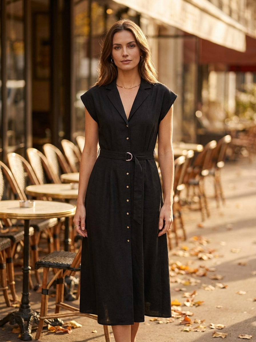Woman wearing a black linen-blend midi shirt dress at a cafe terrace